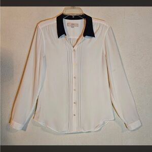 LOFT White and Navy Collared Blouse Size M